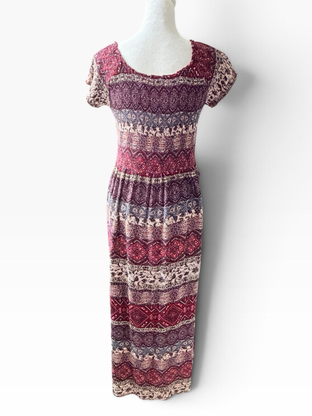 Boho  Print Maxi Dress deep burgundy red color palette Sz S